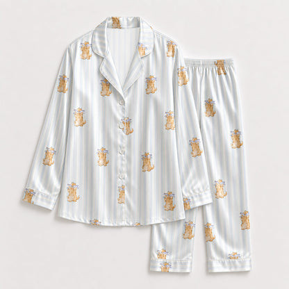 PJ-138-Cute Cat Blue Striped Pajama Set, Silky Satin PJs, Funny Cat Lover Gift, Bridal Party Sleepwear, Cozy Morning Loungewear