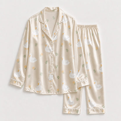 PJ-139-Unisex Cream Satin Pajama Set with White Duck Pattern Button Down Shirt and Pants