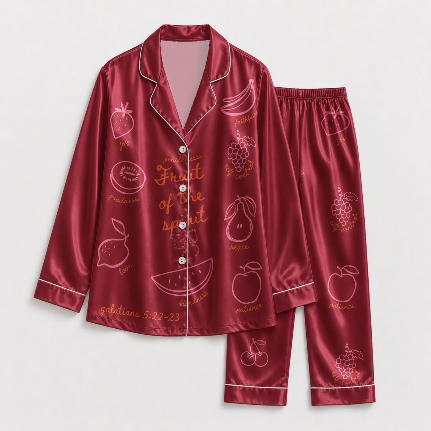 PJ-140-Unisex Satin Pajamas with Fruit of the Spirit Burgundy Print Button Front Sleepwear Set