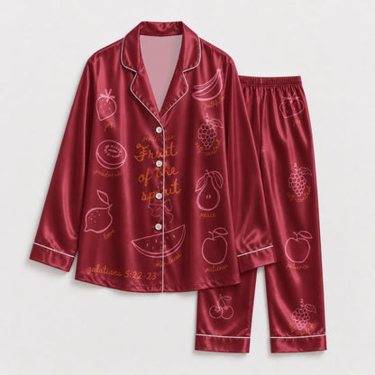 PJ-140-Unisex Satin Pajamas with Fruit of the Spirit Burgundy Print Button Front Sleepwear Set