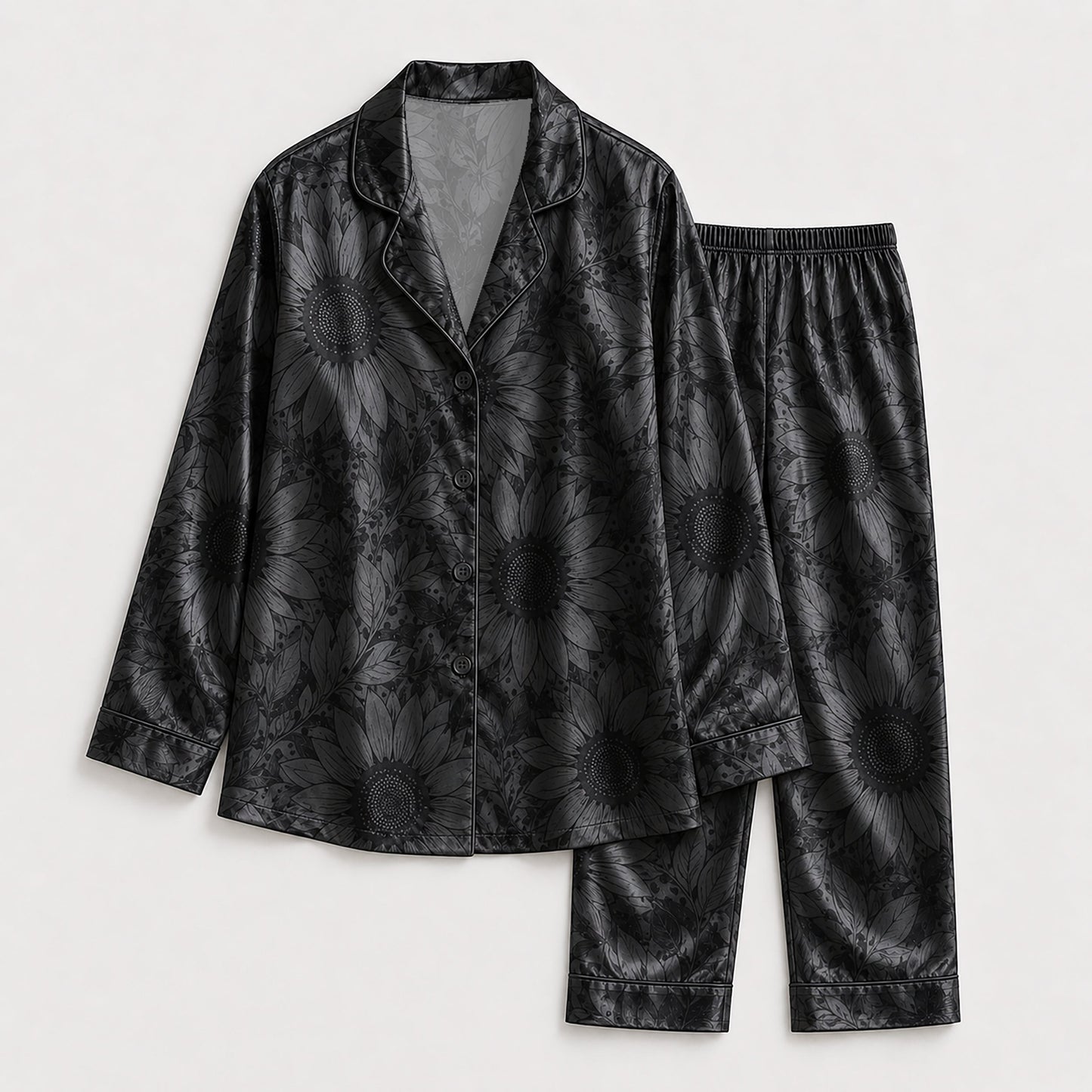 PJ-141-Unisex Satin Pajama Set with Black Sunflower Print Button Down Sleepwear Shirt and Pants