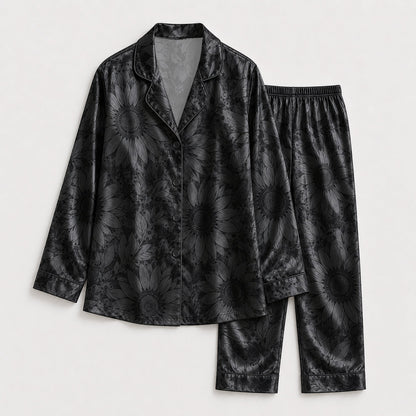 PJ-141-Unisex Satin Pajama Set with Black Sunflower Print Button Down Sleepwear Shirt and Pants