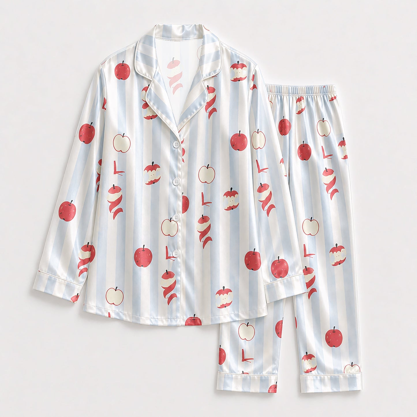 PJ-142-Unisex Satin Pajama Set with Red Apple Print Blue Striped Button Down Sleepwear Shirt and Pants