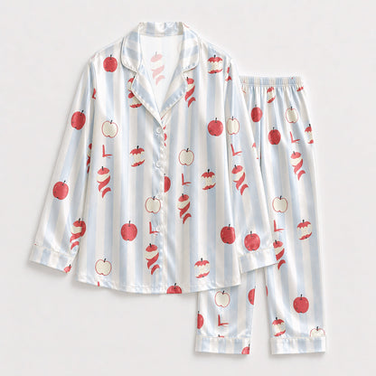 PJ-142-Unisex Satin Pajama Set with Red Apple Print Blue Striped Button Down Sleepwear Shirt and Pants