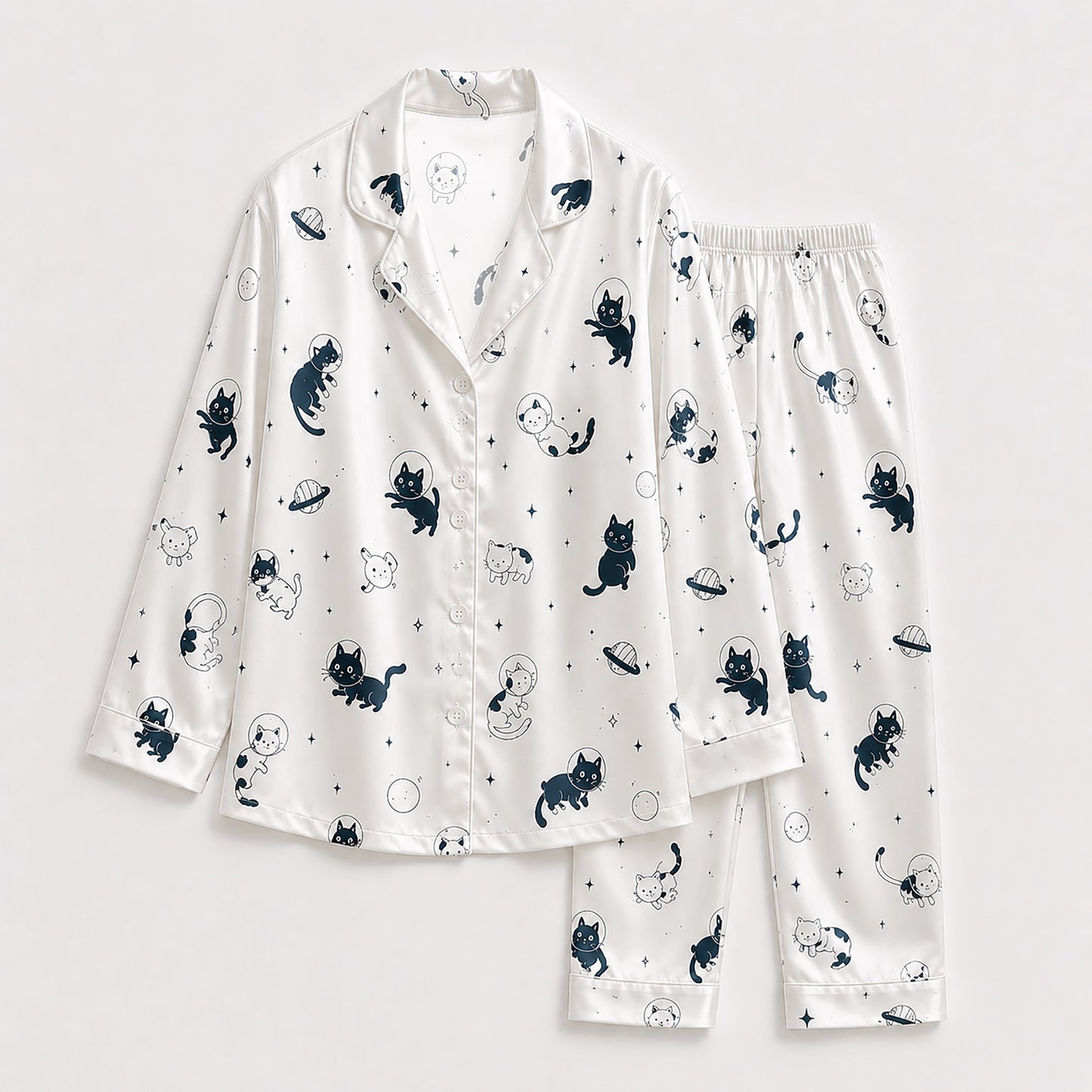PJ-143-Unisex Satin Pajamas with Astronaut Cat Print White Button Front Sleepwear Set