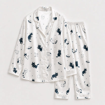 PJ-143-Unisex Satin Pajamas with Astronaut Cat Print White Button Front Sleepwear Set