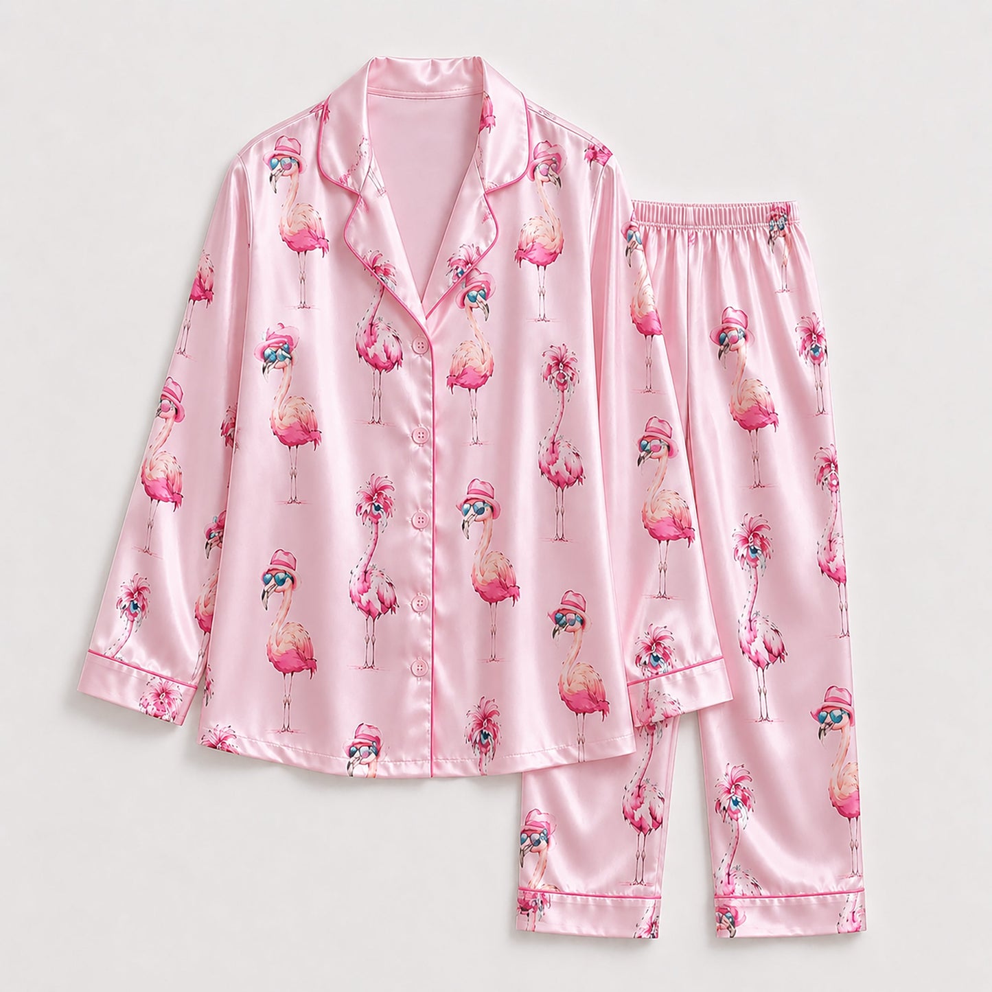 PJ-144-Women Pink Satin Pajamas with Flamingo Print Button Front Sleepwear Shirt and Pants
