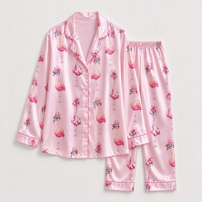 PJ-144-Women Pink Satin Pajamas with Flamingo Print Button Front Sleepwear Shirt and Pants