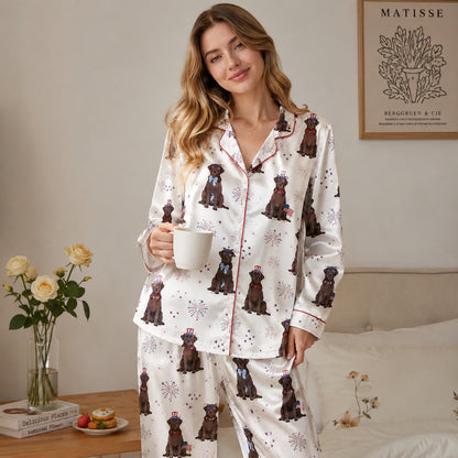 PJ-145-Unisex Chocolate Labrador Dog Satin Pajamas Patriotic 4th Of July Loungewear Sleepwear Nightwear Pjs Two Piece