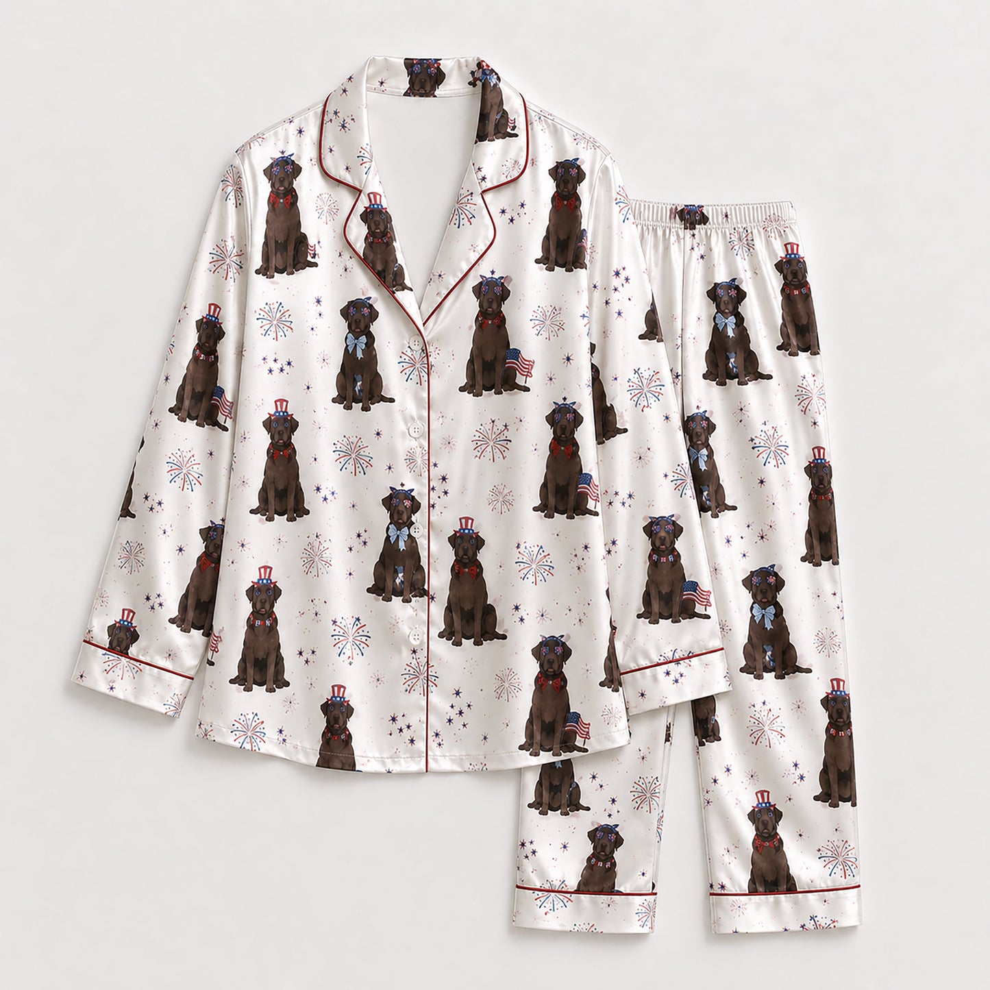 PJ-145-Unisex Chocolate Labrador Dog Satin Pajamas Patriotic 4th Of July Loungewear Sleepwear Nightwear Pjs Two Piece