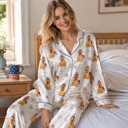 PJ-146-White Unisex Satin Golden Lab Pattern Pajamas Patriotic Fireworks Loungewear Sleepwear Nightwear Apparel Matching Set