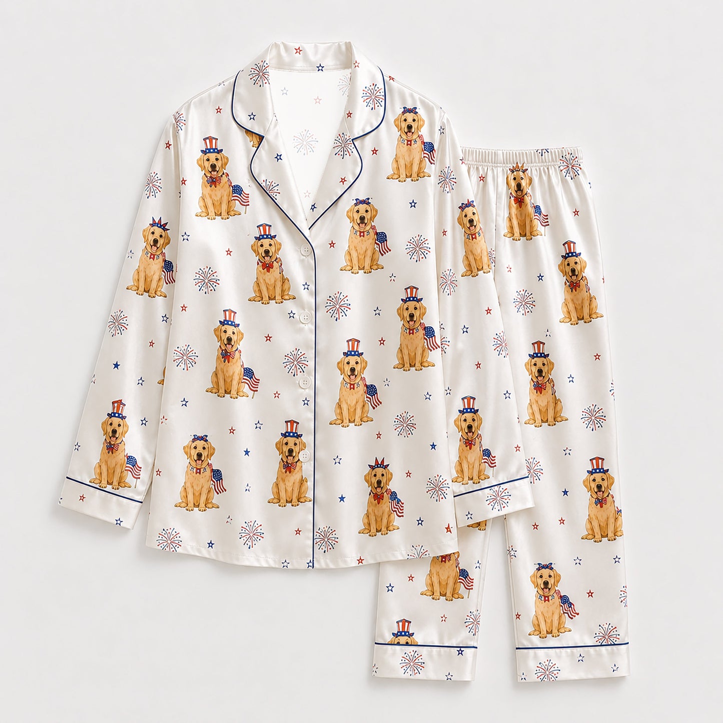 PJ-146-White Unisex Satin Golden Lab Pattern Pajamas Patriotic Fireworks Loungewear Sleepwear Nightwear Apparel Matching Set