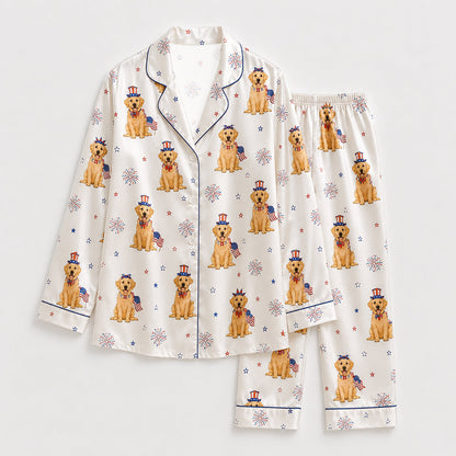 PJ-146-White Unisex Satin Golden Lab Pattern Pajamas Patriotic Fireworks Loungewear Sleepwear Nightwear Apparel Matching Set