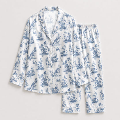 PJ-147-Unisex Satin Pajama Set with Blue Dog Toile Print Button Down Sleepwear Shirt and Pants
