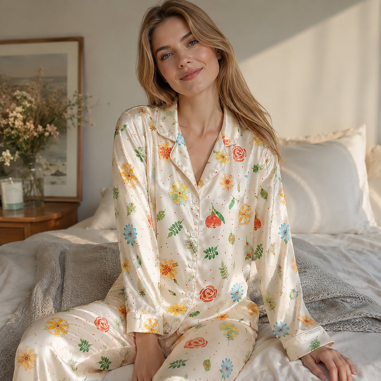 PJ-148-Women Satin Pajamas with Colorful Flower Print Button Front Sleepwear Shirt and Pants