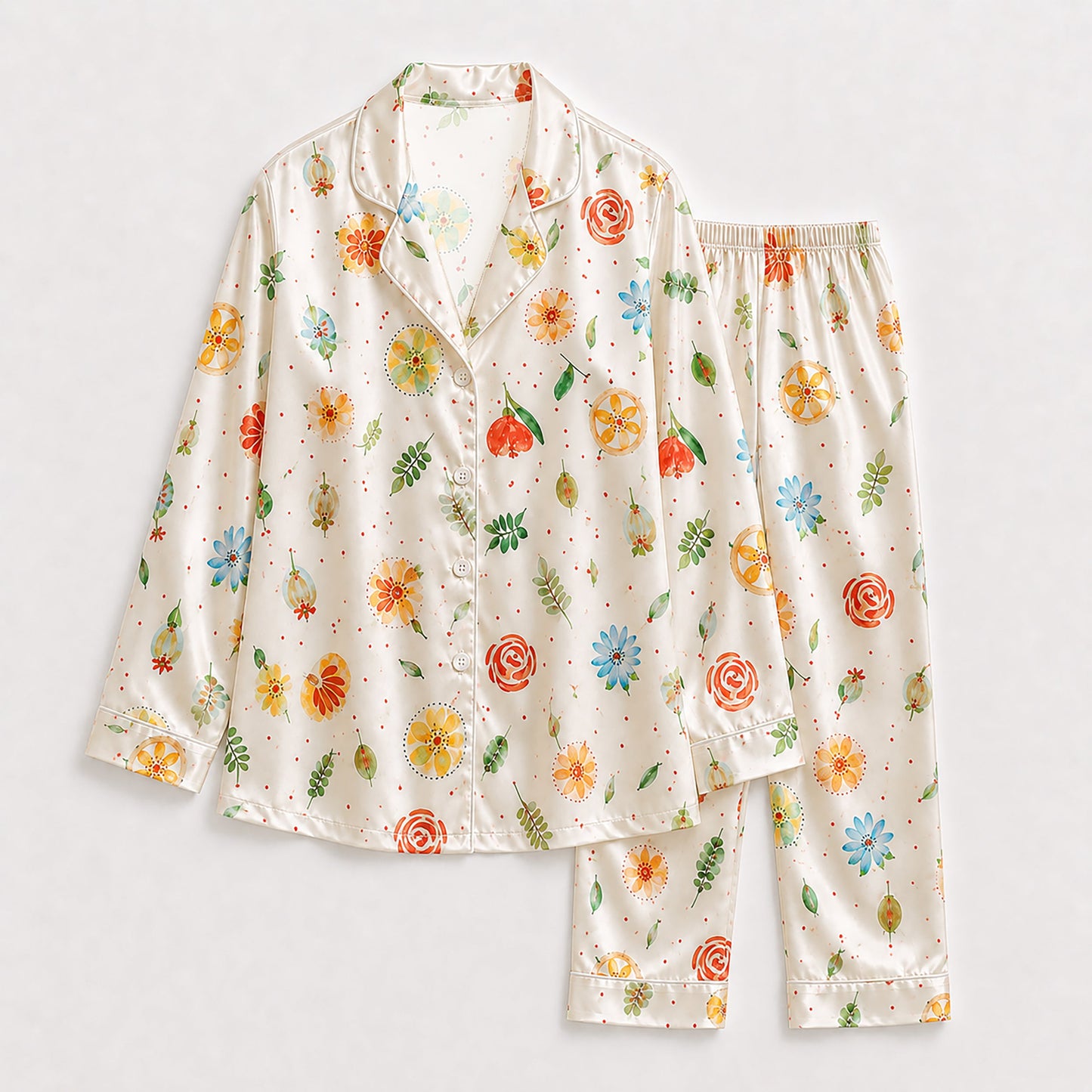 PJ-148-Women Satin Pajamas with Colorful Flower Print Button Front Sleepwear Shirt and Pants