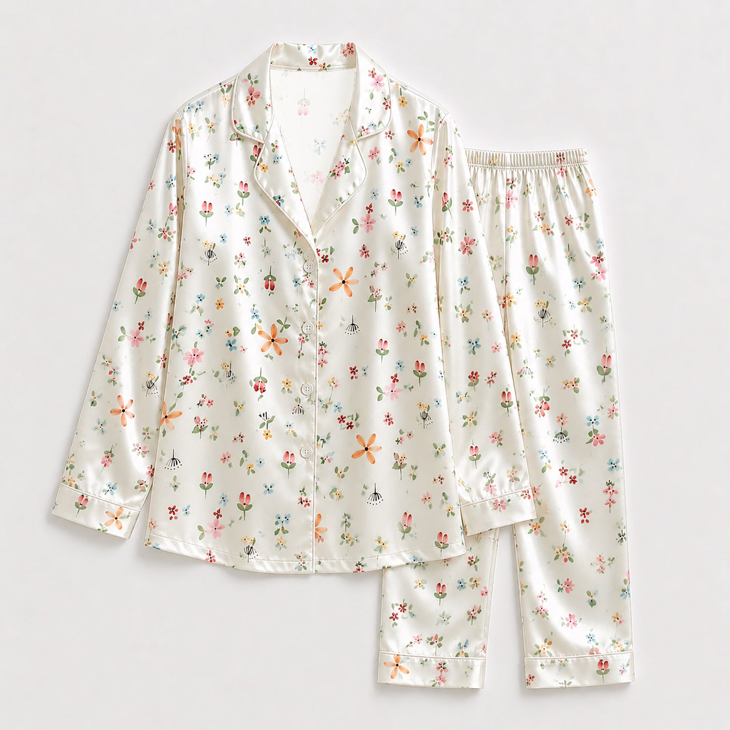 PJ-149-Women Satin Pajama Set with Dainty Floral Print Button Down Sleepwear Shirt and Pants