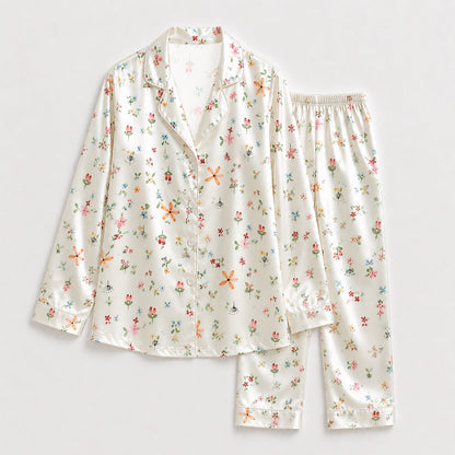 PJ-149-Women Satin Pajama Set with Dainty Floral Print Button Down Sleepwear Shirt and Pants