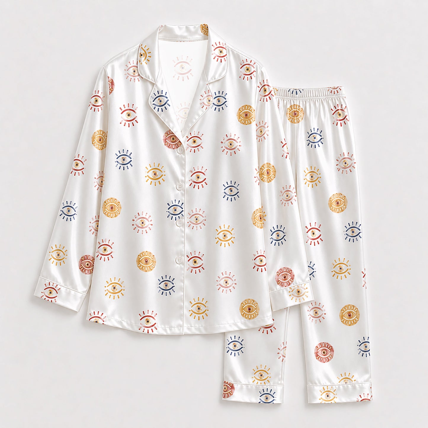 PJ-150-Unisex Satin Pajama Set with Evil Eye Sun Print White Button Down Sleepwear