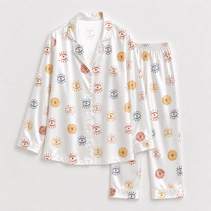PJ-150-Unisex Satin Pajama Set with Evil Eye Sun Print White Button Down Sleepwear