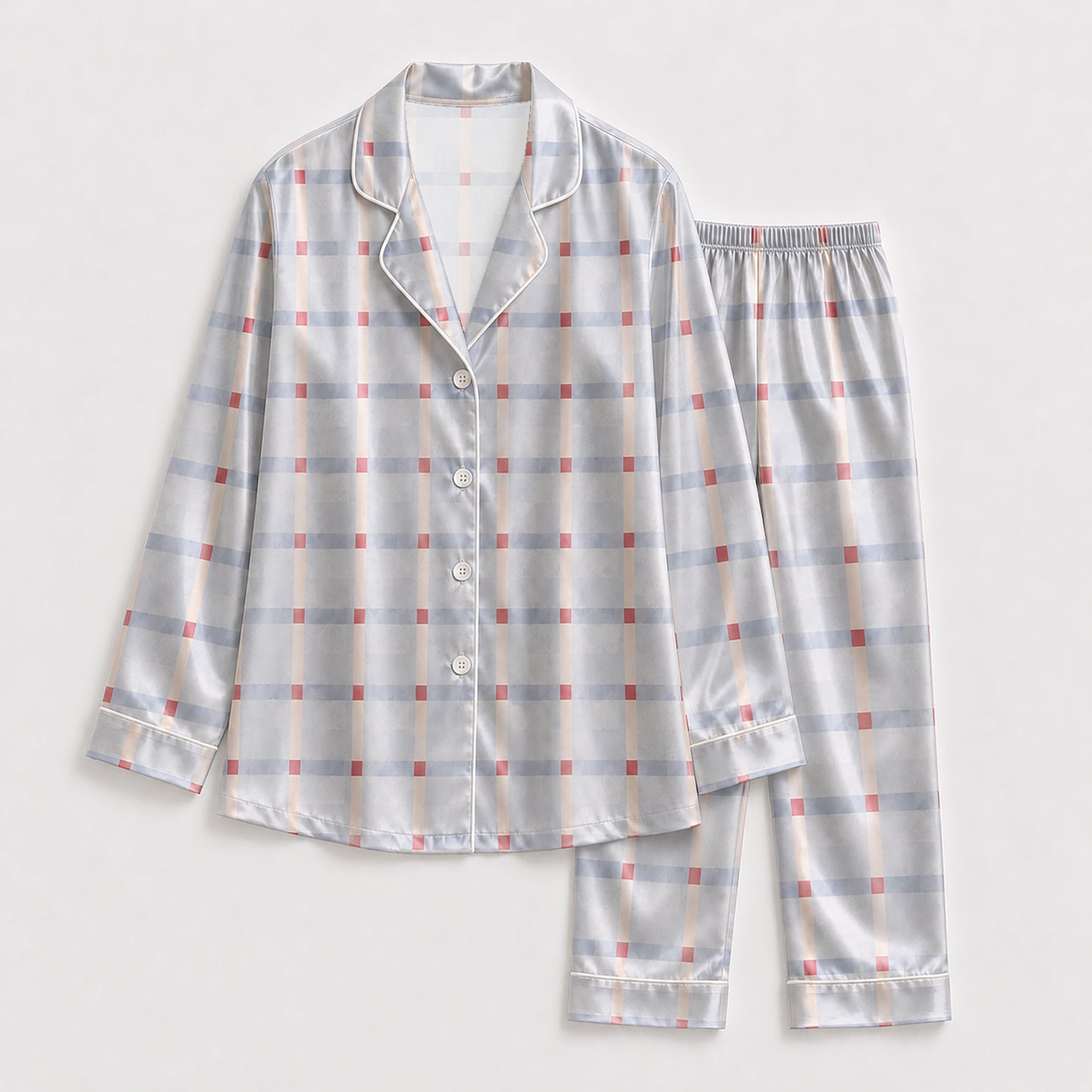 PJ-151-Unisex Satin Pajama Set with Blue Plaid Print Button Down Sleepwear Shirt and Pants