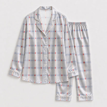 PJ-151-Unisex Satin Pajama Set with Blue Plaid Print Button Down Sleepwear Shirt and Pants