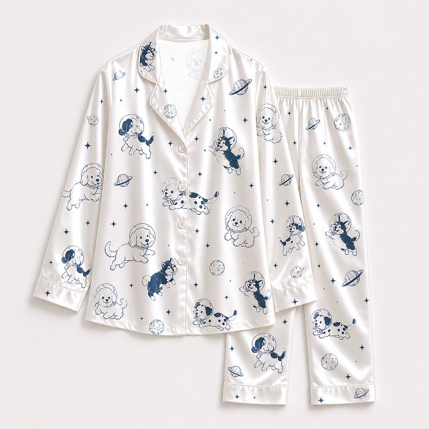 PJ-152-Unisex Satin Pajama Set with Space Dog Print White Button Down Sleepwear Shirt and Pants