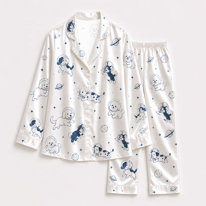 PJ-152-Unisex Satin Pajama Set with Space Dog Print White Button Down Sleepwear Shirt and Pants