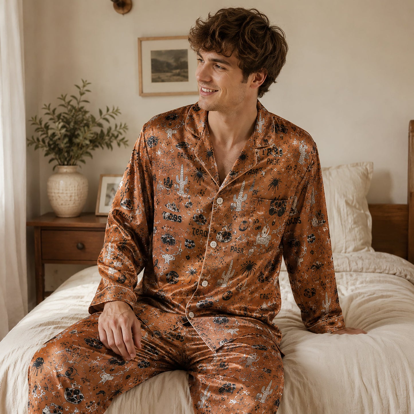 PJ-153-Brown Unisex Satin Taco Pattern Pajamas Mexican Food Theme Loungewear Sleepwear Nightwear Apparel Matching Set