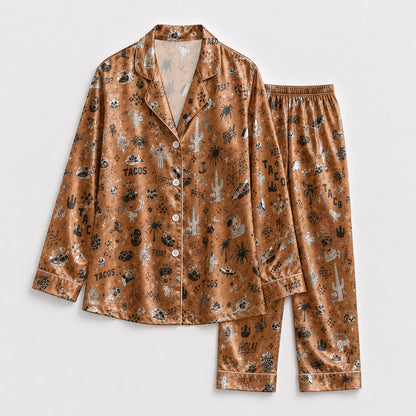 PJ-153-Brown Unisex Satin Taco Pattern Pajamas Mexican Food Theme Loungewear Sleepwear Nightwear Apparel Matching Set