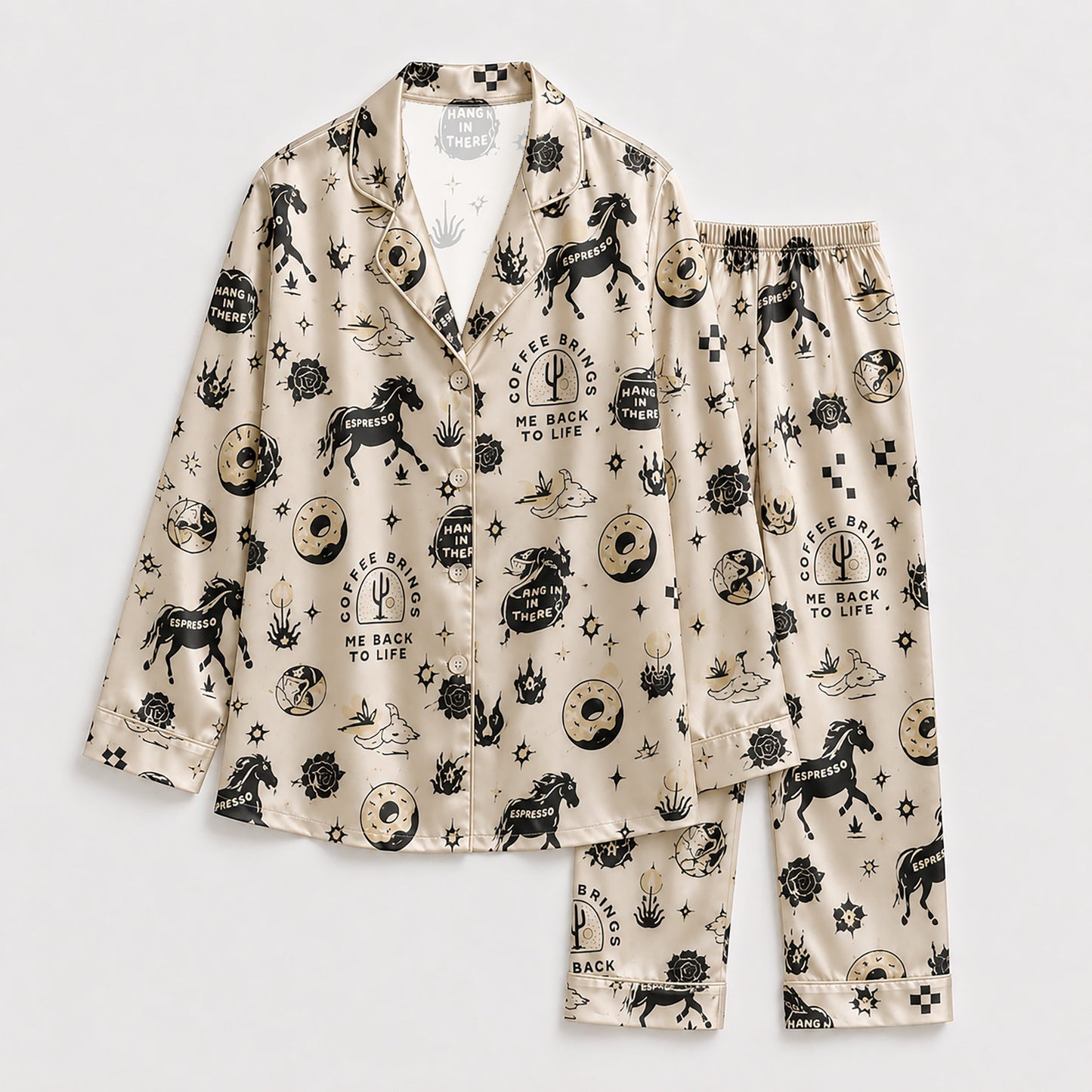 PJ-154-Satin Beige Desert Espresso Graphic Black Piping Button Up Pajama Set
