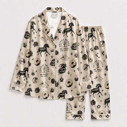PJ-154-Satin Beige Desert Espresso Graphic Black Piping Button Up Pajama Set