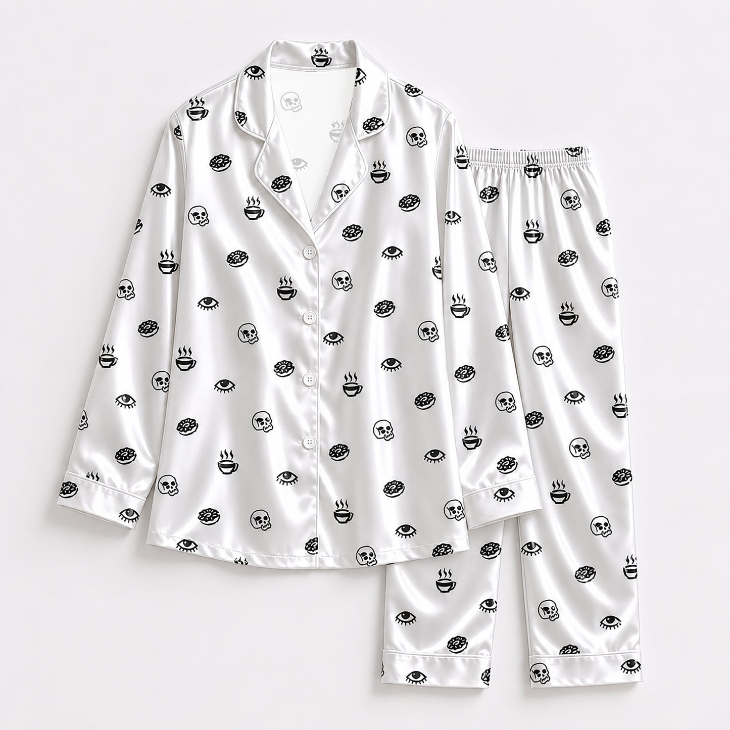 PJ-155-Unisex Satin Pajama Set with Black Skull Eye Print White Button Down Sleepwear Shirt and Bottoms