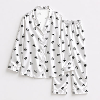 PJ-155-Unisex Satin Pajama Set with Black Skull Eye Print White Button Down Sleepwear Shirt and Bottoms
