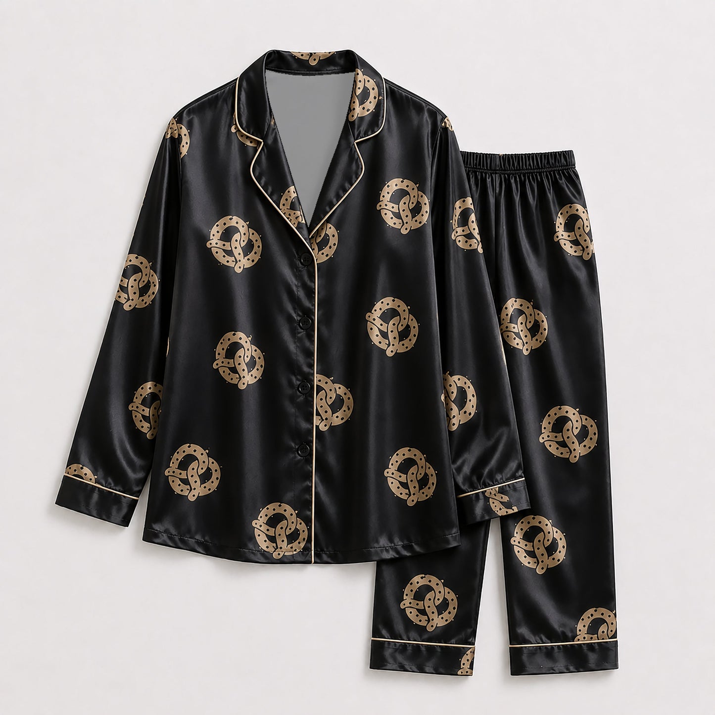 PJ-156-Satin Black Pretzel Gold Piping Button Up Pajama Set