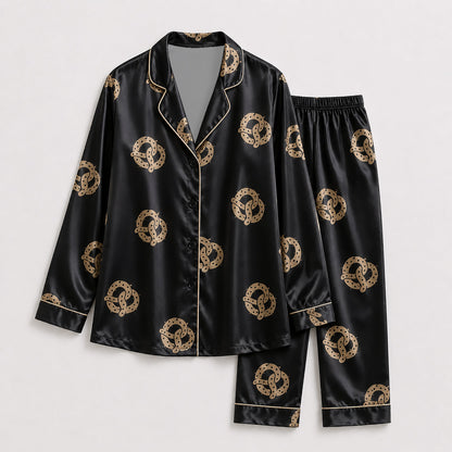 PJ-156-Satin Black Pretzel Gold Piping Button Up Pajama Set