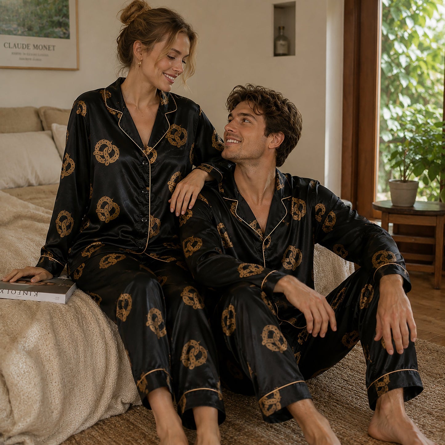 PJ-156-Satin Black Pretzel Gold Piping Button Up Pajama Set
