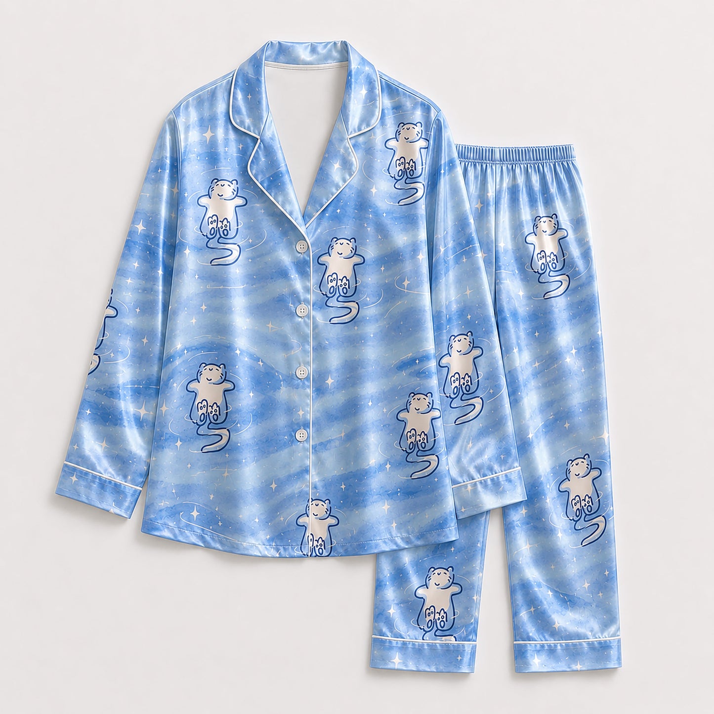 PJ-157-Satin Sky Blue Celestial Kitty White Piping Button Up Pajama Set