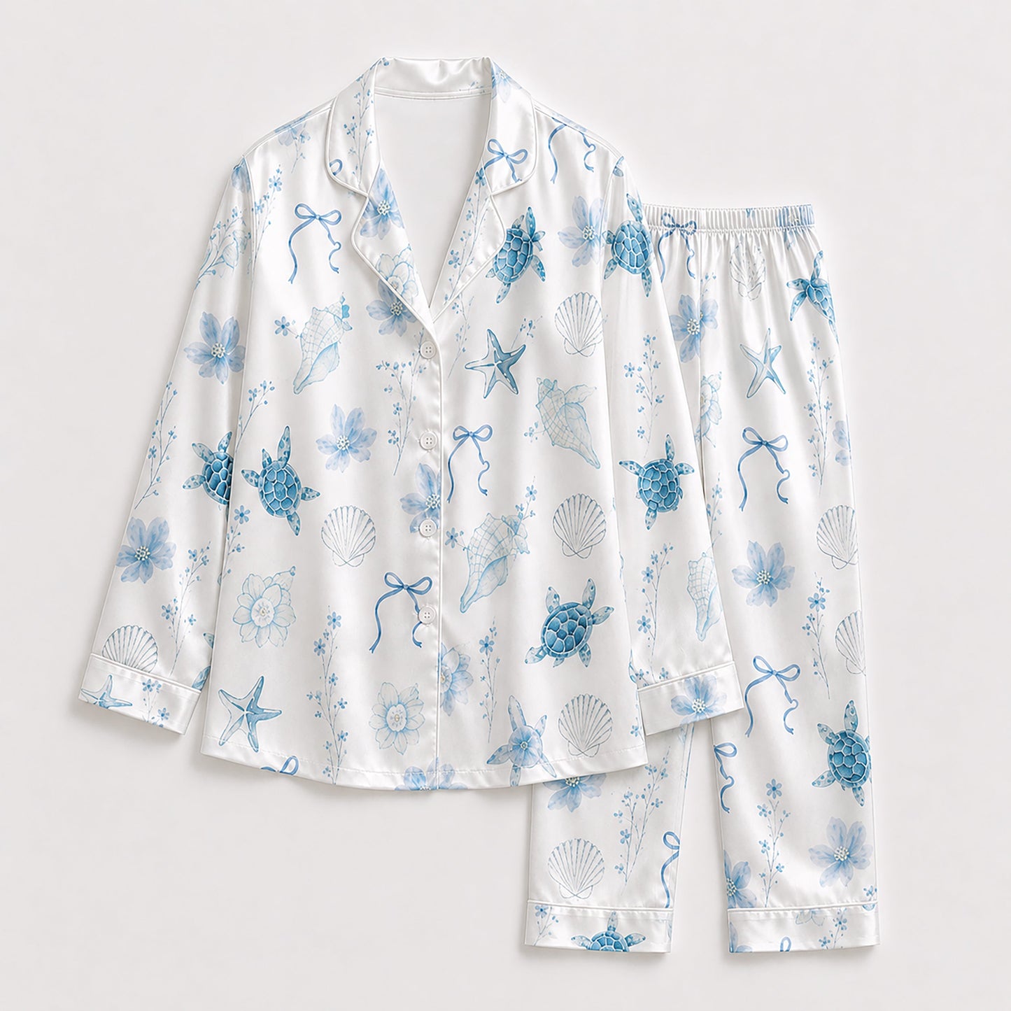 PJ-158-Satin White Watercolor Turtle Classic Piping Button Up Pajama Set