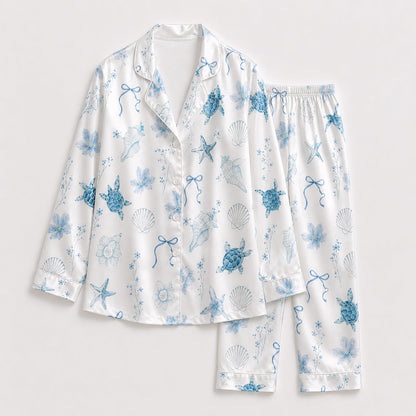 PJ-158-Satin White Watercolor Turtle Classic Piping Button Up Pajama Set