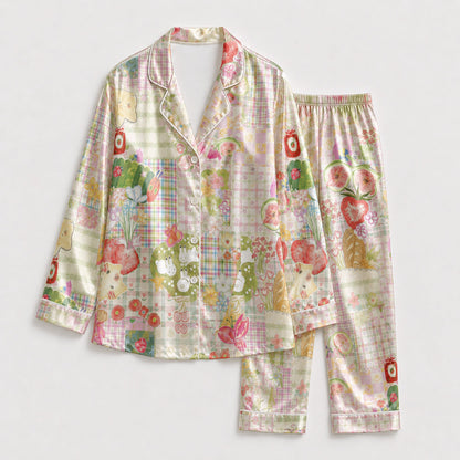 PJ-159-Satin Pastel Patchwork Storybook Picnic White Piping Button Up Pajama Set