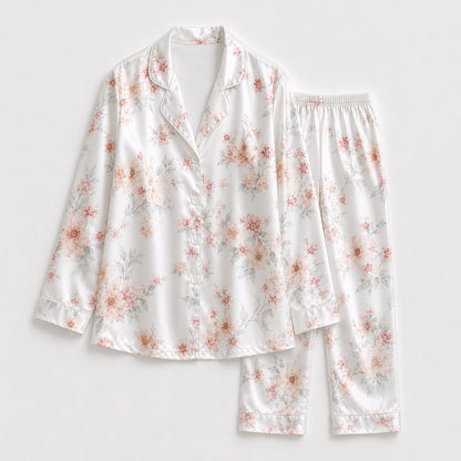 PJ-160-Satin White Soft Peony Classic Piping Button Up Pajama Set