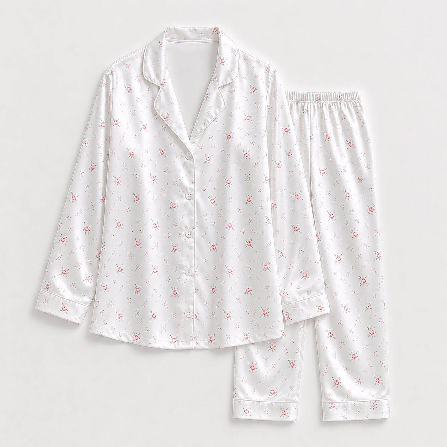 PJ-161-Satin White Ditsy Rose Classic Piping Button Up Pajama Set