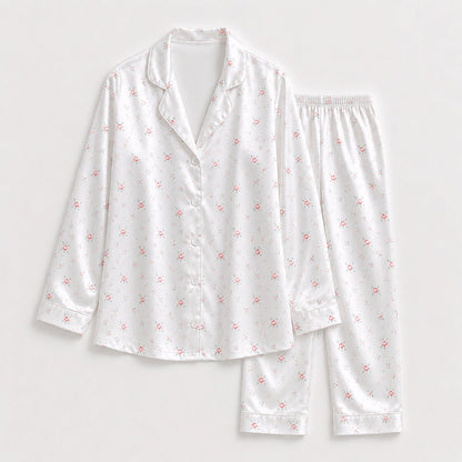 PJ-161-Satin White Ditsy Rose Classic Piping Button Up Pajama Set