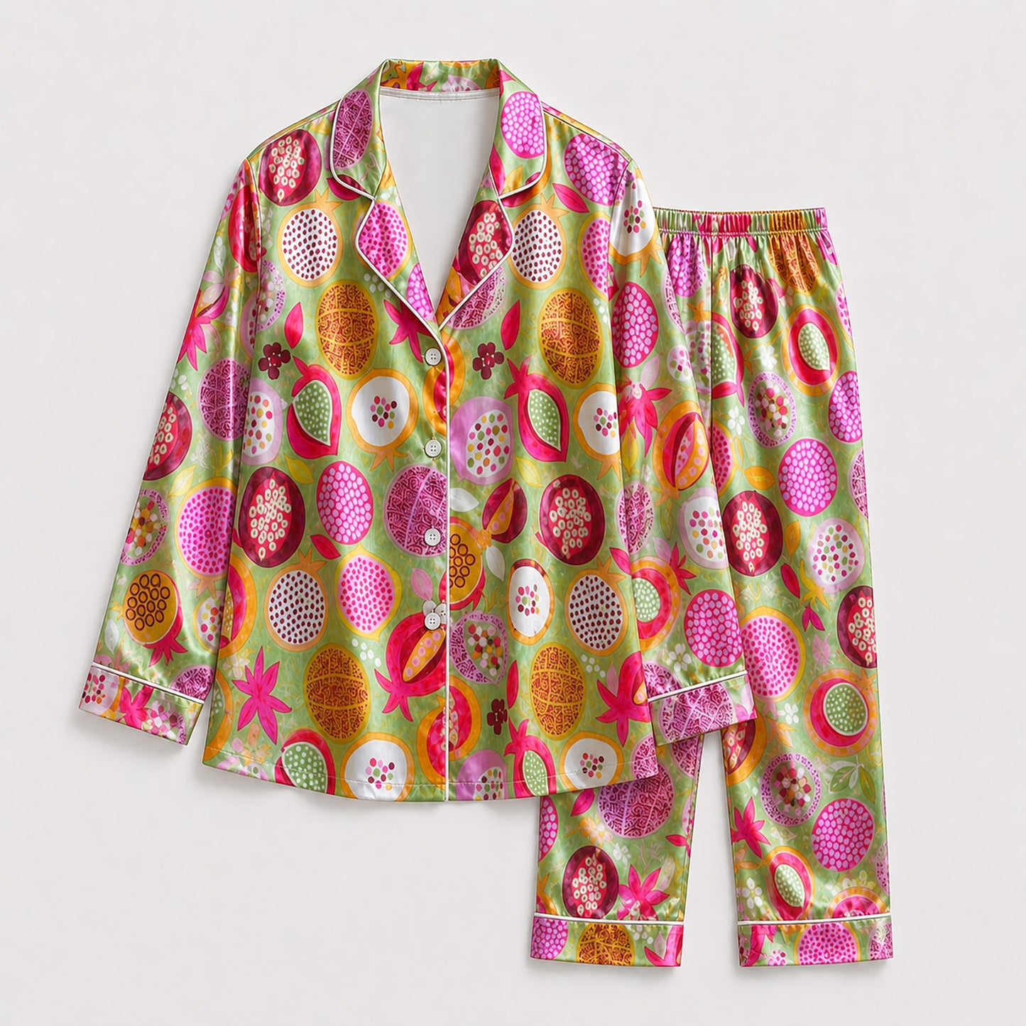 PJ-162-Satin Vivid Green Pomegranate Bloom White Piping Button Up Pajama Set
