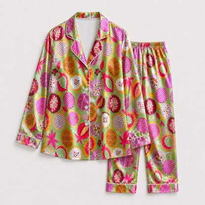 PJ-162-Satin Vivid Green Pomegranate Bloom White Piping Button Up Pajama Set