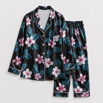 PJ-163-Satin Black Teal Hibiscus White Piping Button Up Pajama Set
