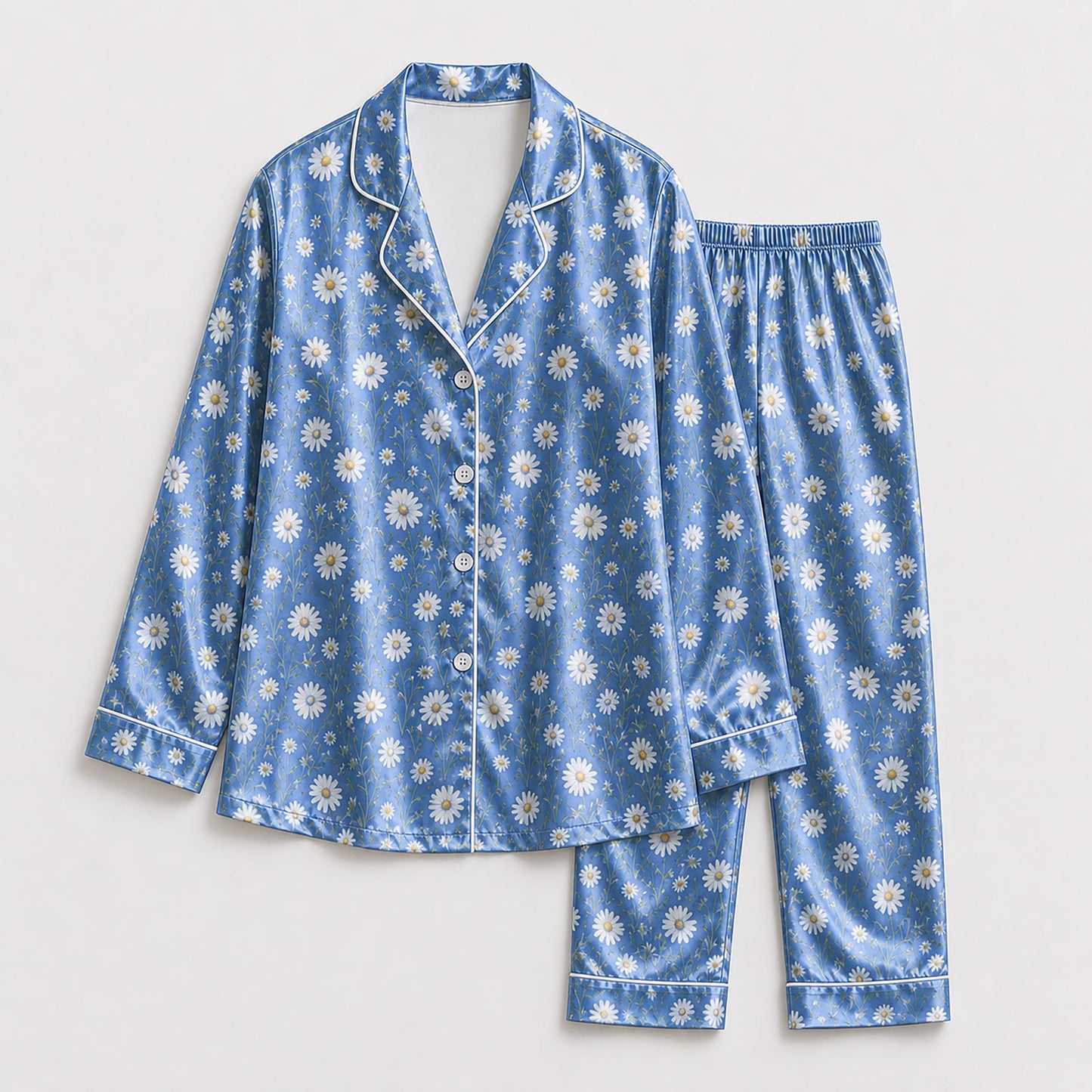 PJ-164-Satin Cornflower Blue Daisy Meadow White Piping Button Up Pajama Set