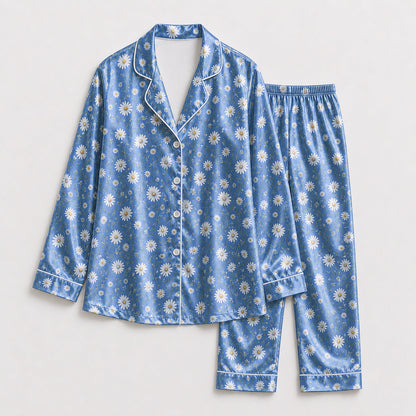 PJ-164-Satin Cornflower Blue Daisy Meadow White Piping Button Up Pajama Set