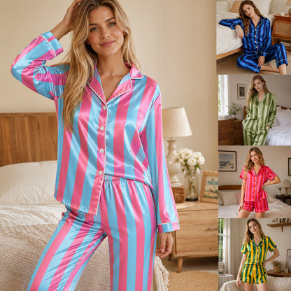 PJ-165-Unisex Satin Pajama Set with Colorful Striped Print Button Down Sleepwear Shirt and Bottoms
